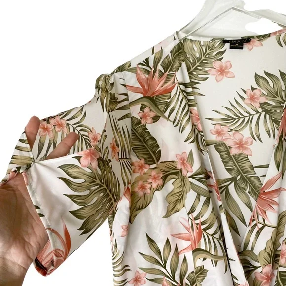 IMAN Palm Floral Tropical HAWAIIAN Resort Faux Wrap Blouse Top Cold Shoulder Med - Picture 4 of 8